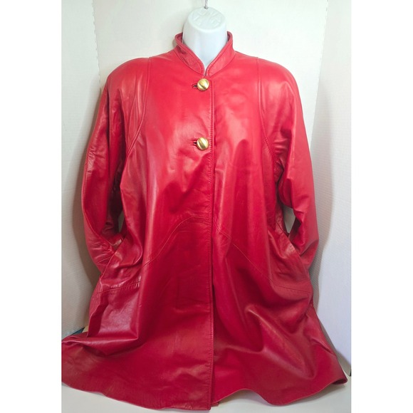 Siena New York Jackets & Blazers - VTG Siena New York Red Leather Swing Coat Mandarin Collar 2 Gold Buttons Small